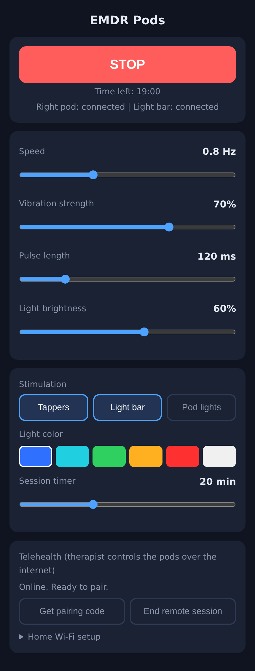 Phone control page with a running session